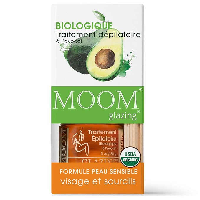 MOOM Organic Hair Removal Kit - Avocado Oil, Agar Agar & Green Tea Glaze, 18 Reusable Strips, 6 Application Sticks, 3 oz. Jar