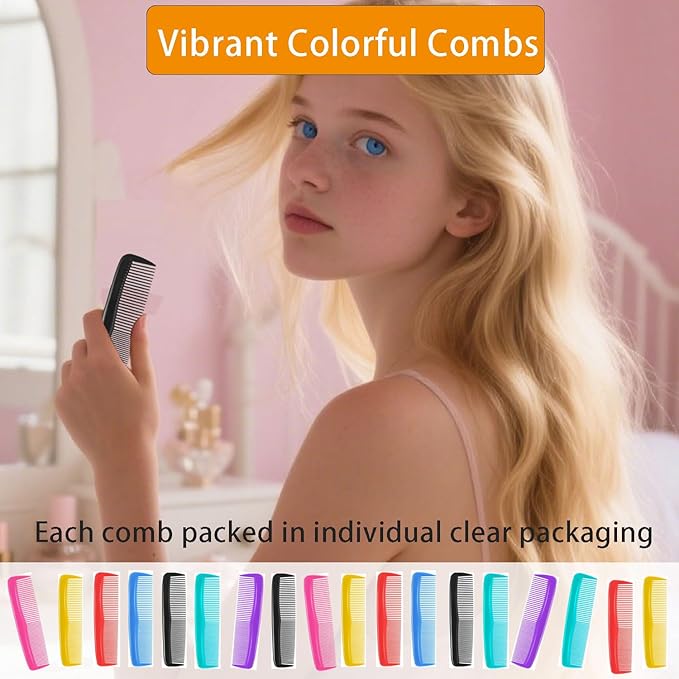 50pcs Hair Combs Bulk, Individually Wrapped, Black Pocket Hair Comb Set Fine Tooth Dressing for Women/Men, Travel, Hotel, Airbnb, Operation Christmas Child Shoeboxes, Homeless, Shelter, Charity