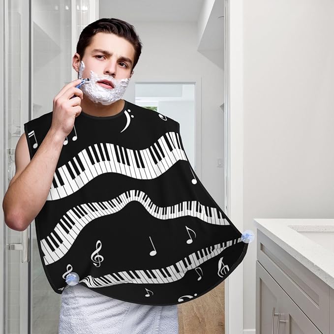 Stretchable Beard Cape, Non-Stick Hair Catcher for Trimming, Waterproof Grooming Apron, Black and White Piano Keys with Musical Notes
