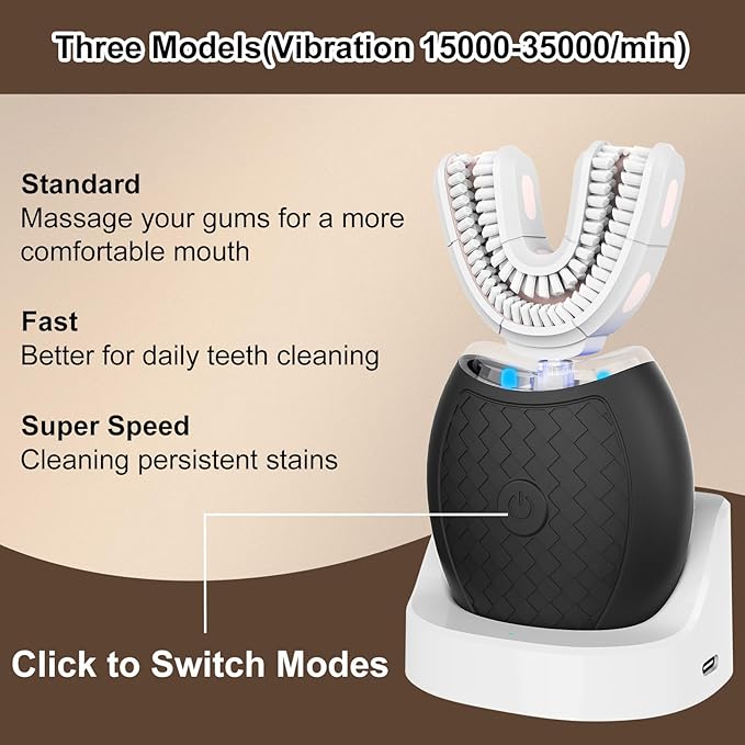Electric Toothbrush for Adults,360 Degree Cleaning Sonic Toothbrush, U Shaped Tooth Brush has 23760 Nylon Bristles, Sonic Automatic with 3 Modes Standard, Fast, Ultra Fast(Black)