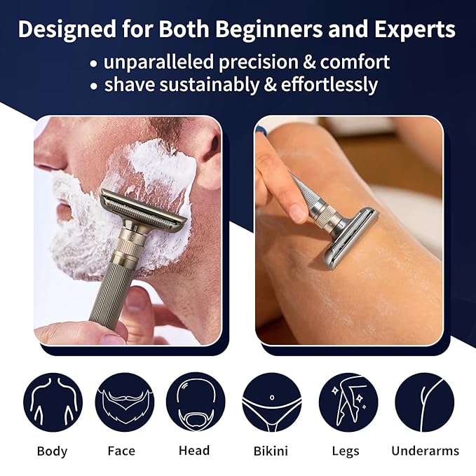 Double Edge Safety Razor, Single Blade Razors for Men, with 10 Platinum Coated Swedish Safety Razor Blades, Sustainable, Close and Smooth Wet Shaving, Adjustable Blade Angle, Matte Silver