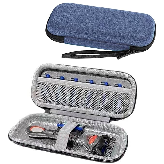 Razor Cover Travel Razor Case, Compatible with Gillette & Harrys, Razor Travel Case Razor Holder For Men Cord Travel Organizer, Zipper Carrying Bag (Blue)