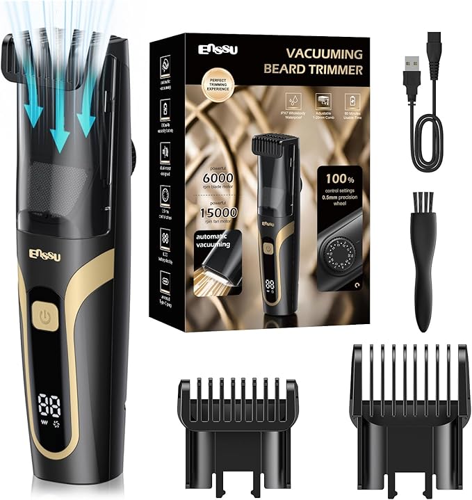Beard Trimmer for Men - Electric Cordless Vacuum Mens Beard Trimmer with Adjustable 20 Length Setting,Waterproof Mustache Trimmer with Ceramic Blade for Precision Facial Hair