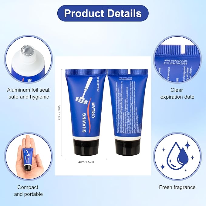 Shaving Cream Bulk, 20ml/0.7fl oz Travel Shaving Cream, Individually Packaged, Suitable for Travelling, Hotels, Home, Camping, Charities, Homeless People (100-PACK)
