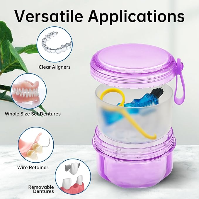 Leakproof Denture Case Purple Denture Soaking Cup with Strainer Basket, False Teeth Container Dental Denture Bath Holder Storage Box Retainer Cleaner Case for Traveling
