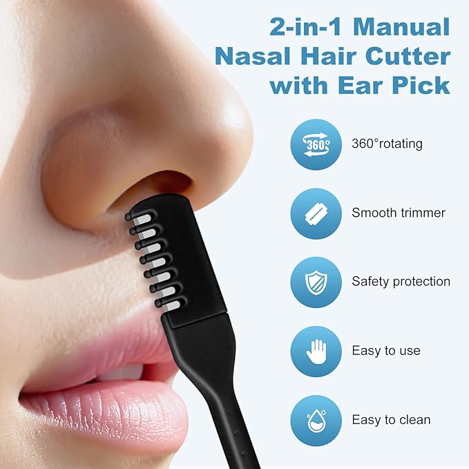 5PCS 2-in-1 Nasal Hair Cutter, Manual Nose Hair Trimmer Cutter with Ear Pick for Women & Men 360°Rotating Nose Hair Remover Grooming Tool Knife Razor Portable Nostril hair Trimmer Clipper (Black)