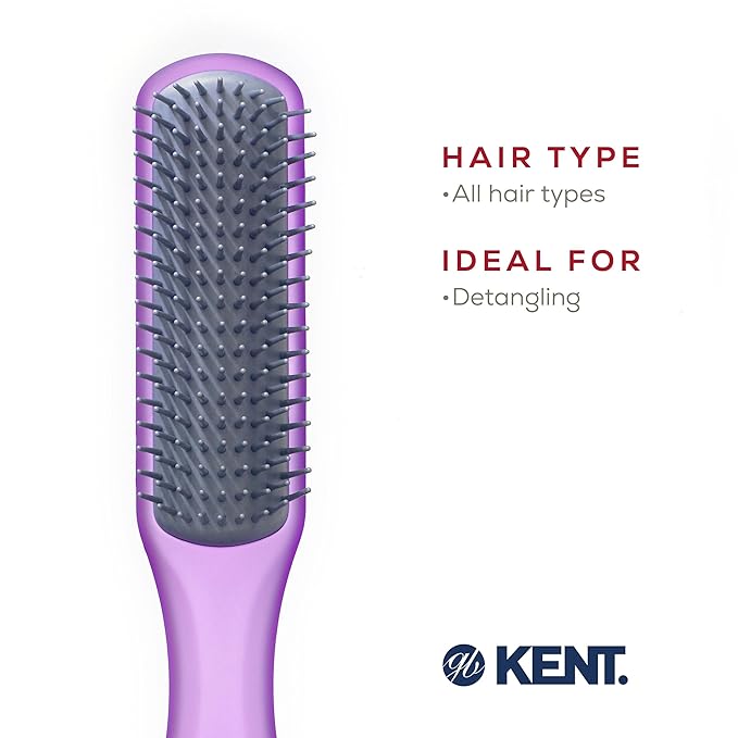 Kent AHGLO02 Airhedz Glo Purple Half Round Narrow Detangling Hair Brush - 9 Row Ionic Anti Static Non Scratch Long Nylon Bristle Great for Detangling and Smoothing Medium to Long Length Hair