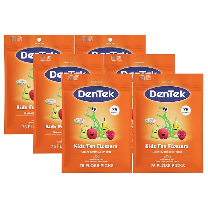DenTek Fun Flossers – Kids Floss Picks with Wild Fruit Flavor, 75 Count, Pack of 6