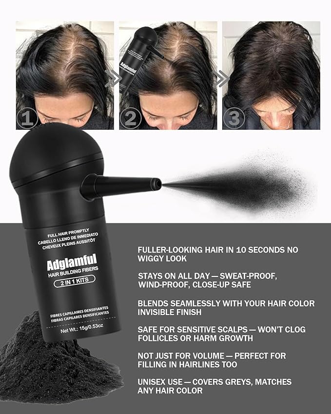 Hair Fibers for Thinning Hair, Volumizing Hair Building Fibers Powder for Men & Women with Spray Applicator, Instantly Conceal Balding, Matte Finish, Root Touch-Up, Sweatproof– 15g Black, No Residue