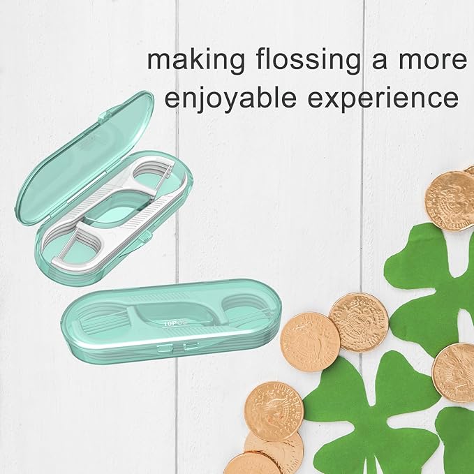 Dental Flossers 2Pcs Green Mini Portable Case,Refillable Toothpicks Dispenser,Storage 10 Count Floss Picks Organizer,Perfect for Your Purse Or Gym Bag for On-The-Go Flossing