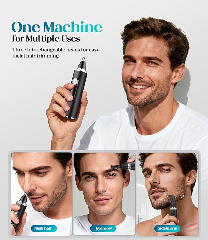 Nose & Ear Hair Trimmer, Type-C Rechargeable Precision Groomer for Men & Women, Painless Double-Edged Blades, IPX7 Waterproof & Easy to Clean for Nose, Ears, and Facial Hair