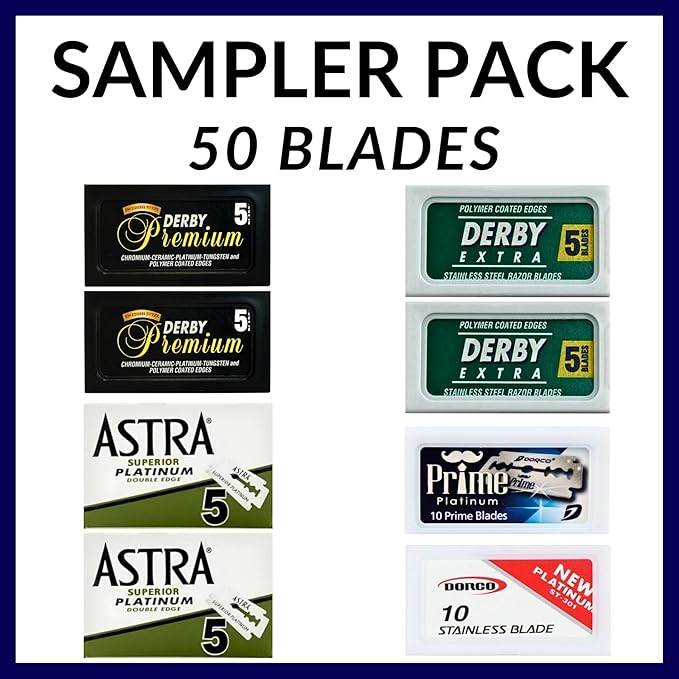 Double Edge Safety Razor Blades Sampler Pack for Men-Includes 3 Top Global Brands: Dorco Astra Derby-Comfortable Shaving –Fits All Double Edge Safety Razors (50)