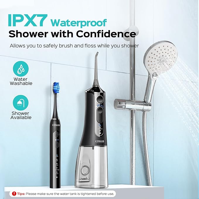 COSLUS C51C30 Electric Toothbrush with Water Flosser Combo: Portable Oral Clean Kit for Teeth Brushing & Flossing, Multiple Modes for Multiple Users, Cordless for Home & Travel Use, Black