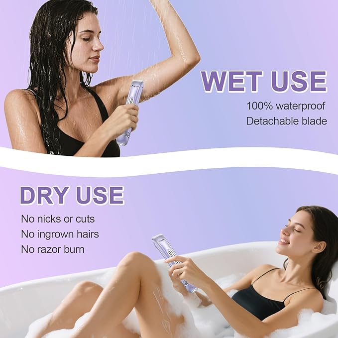 Bikini Trimmer for Women, Painless Electric Shaver with 2 in 1 Dual Head, Waterproof Wet & Dry Pubic Hair Remover, Rechargeable Bikini Razors for Face Body Underarm,Easy Cleaning & Travel-Friendly