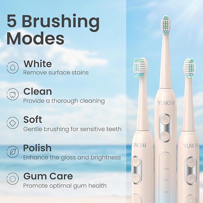 YUNCHI Sonic Electric Toothbrush, Electric Toothbrush for Adults and Kids, Rechargeable Battery Toothbrushes, 4 Brush Heads, 2 Min Timer, IPX7 Waterproof, 5 Modes, Blue Yellow Gradient