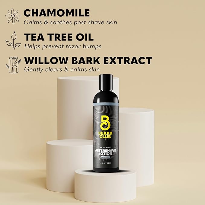 The Beard Club Aftershave for Men – Soothing After Shave Lotion for Men with Chamomile, Tea Tree Oil & Willow Bark – Post Shave Balm Calms Irritation, Prevents Razor Burn & Bumps - 3.4 Fl Oz - 1 Pack