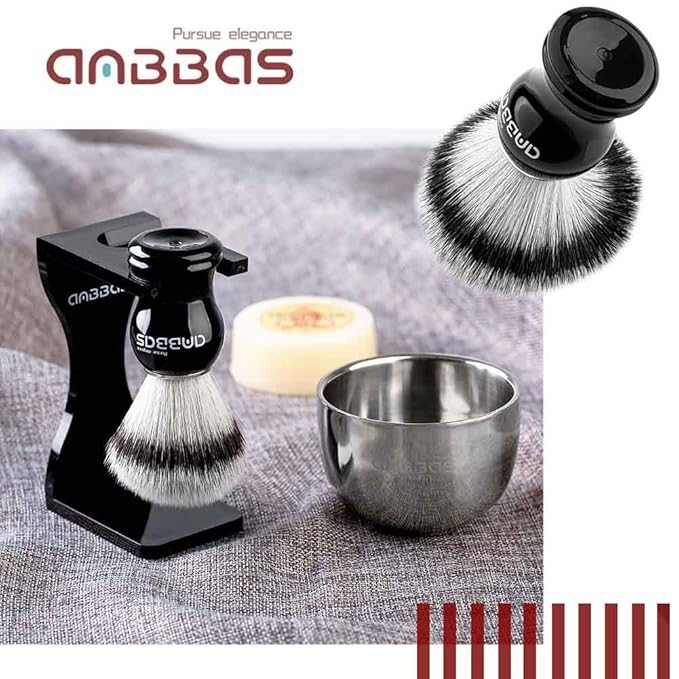 Anbbas Shaving Brush Synthetic Badger Hair with Stainless Steel Shaving Bowl,Black Acrylic Shaving Stand Holer for DE Razor Men Traditional Shave