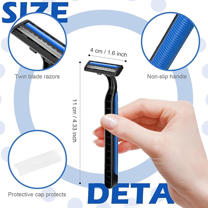 240 Pack Disposable Twin Blade Razors Individually Wrapped, Clear Safety Cap， Multipurpose Portable Shave Razor for Man Woman Bathing Hotel Travel （Blue)