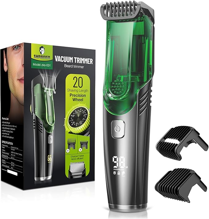 SHPAVVER Beard Trimmer for Men: Vacuum Mustache Trimmer for Less Mess -IPX7 Waterproof- Rechargeable Electric Beard Cutting Kit with Adjustable Length Comb for Sideburns/Stubble-Christmas Gift