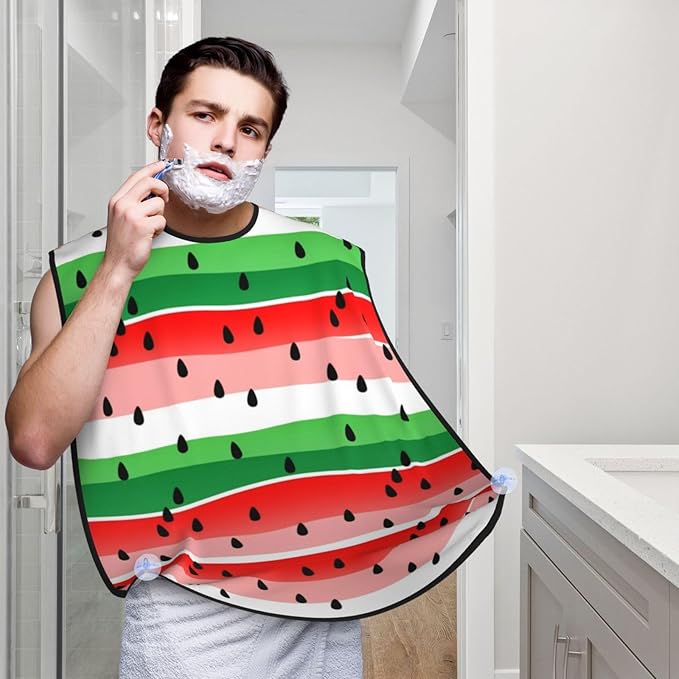 Non-Stick Beard Shaving Bib, Hair Catcher Apron with Suction Cups, Waterproof Grooming Tool for Men Husband, Watermelon Red Green Stripes Shave Bib