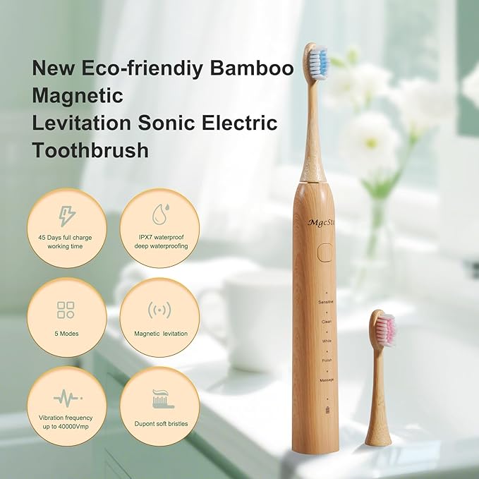 Sonic Electric Bamboo Toothbrush for Adults -5 Adjustable Cleaning Modes -Includes 2 Bamboo Heads with Castor Oil Bristles - Upgraded IPX7 Waterprood -Convenient Charging & Travel Case