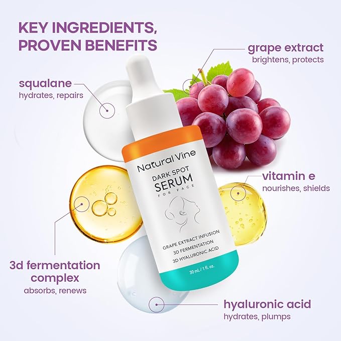 Natural Vine Dark Spot Serum: Dark Spot Remover for Face - Dark Spot Corrector with Grape Extract Fermentation Complex Hyaluronic Acid Vitamin E for Brighter Even Skin Tone 1 FL OZ