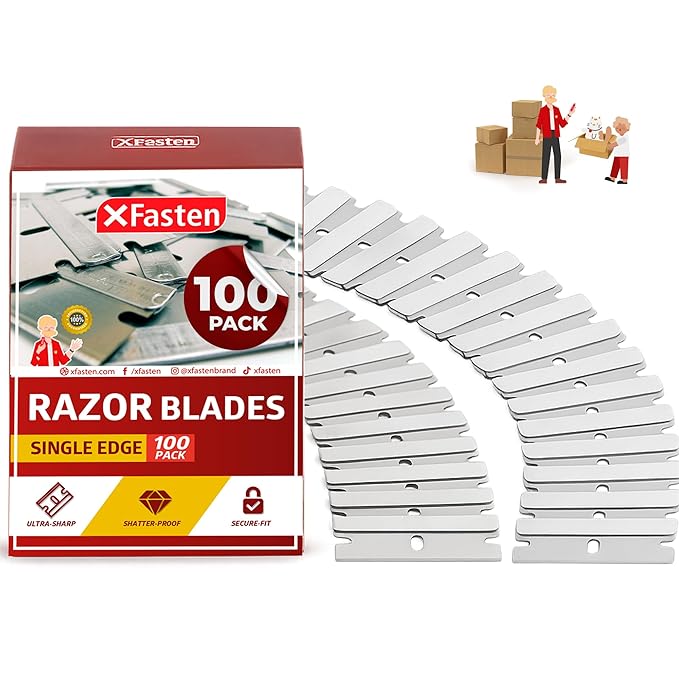 XFasten Single Edge Razor Blades for Scraping (100-Pack) Heavy-duty Flat Razor Blade Scraper for Box Cutter Refills Straight High Carbon Steel Replacement Paint Scraper Refill for Utility Box Cutters