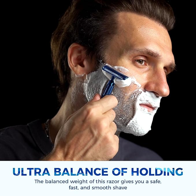 ZOMCHI Double Edge Safety Razor for Men with Stand, [New Version 2.0 ] Reusable Metal Razor with 10 Double Edge Blades, Single Blade Razors for Men & Women – Noble Blue