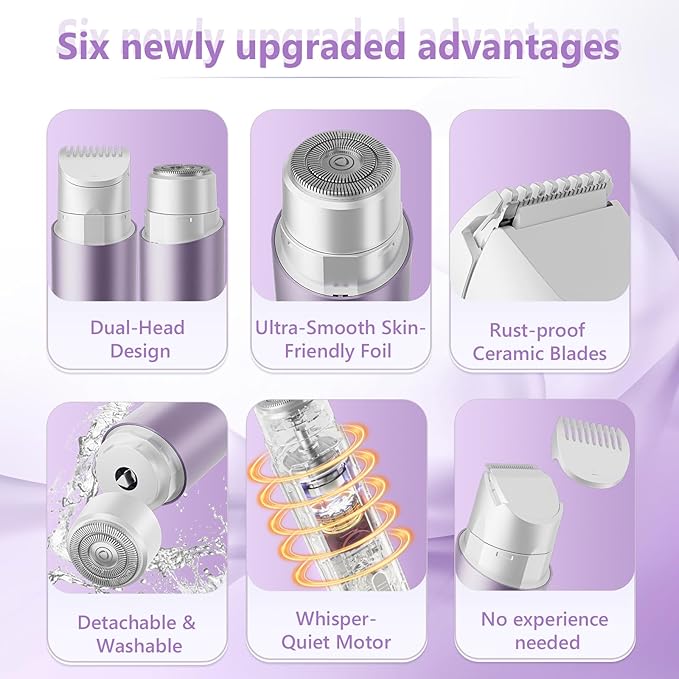 Electric Razors for Women 2 in 1 Women's Bikini Trimmer Body Hair Remover, Dual Head Rechargeable Women Shaver for Face Legs Underarms Pubic Hair, Waterproof Painless, Travel Gifts for Her
