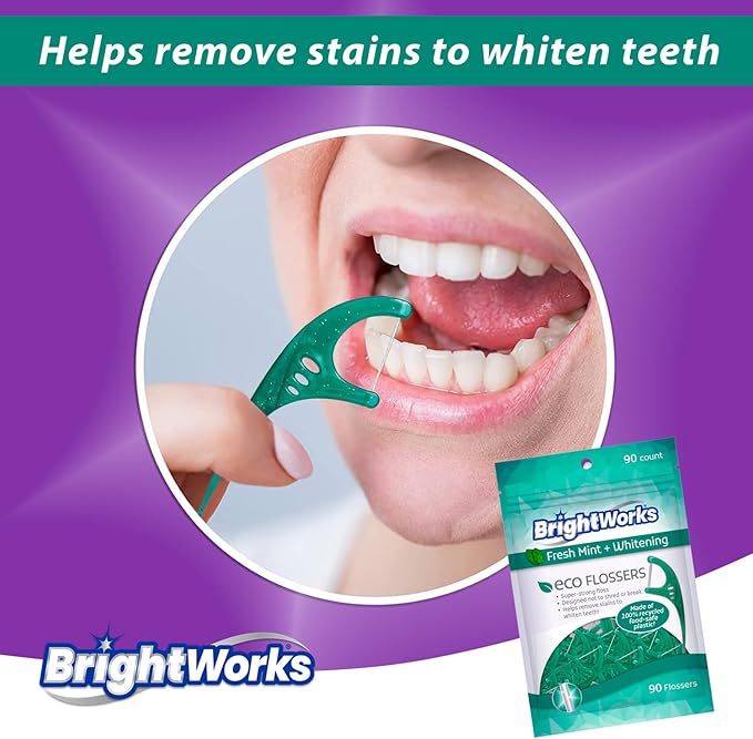 Brightworks ECO Sustainable Floss Picks - 270 Count - PFAS Free - Made in USA100% Post-Consumer Recycled Plastic, Super Strong Mint-Flavored Floss with Micro-Crystals