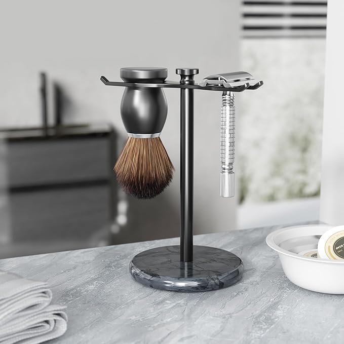 pickpiff Safety Razor Stand with Brush Holder, Marble Base with Black Metal Holder Heavy Duty, Extra Wide Openings, Fits Most Brushes and All Kinds Of Razors