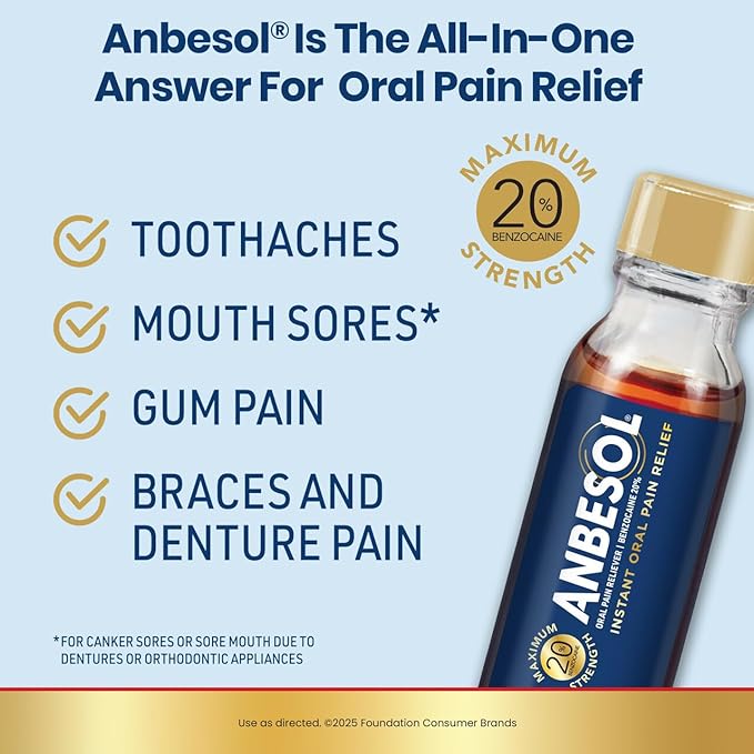 Anbesol Maximum Strength Liquid - Instant Oral Pain Relief, for Toothaches, Gums, Braces, & Denture Pain, and Mouth Sores*, Canker Sore Treatment Inside Mouth, ADA Accepted, 0.41 oz
