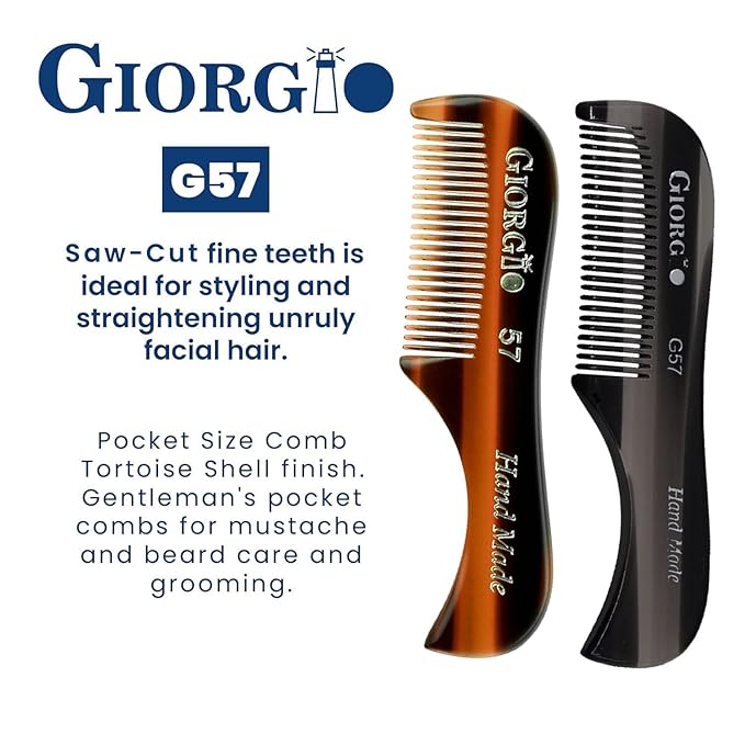 Giorgio G57 Extra Small 2.75 Inch Men's Fine Toothed Beard and Mustache Comb for Facial Hair Grooming and Styling. Wallet Pocket Comb Handmade of Quality Durable Cellulose, Saw-Cut and Hand Polished
