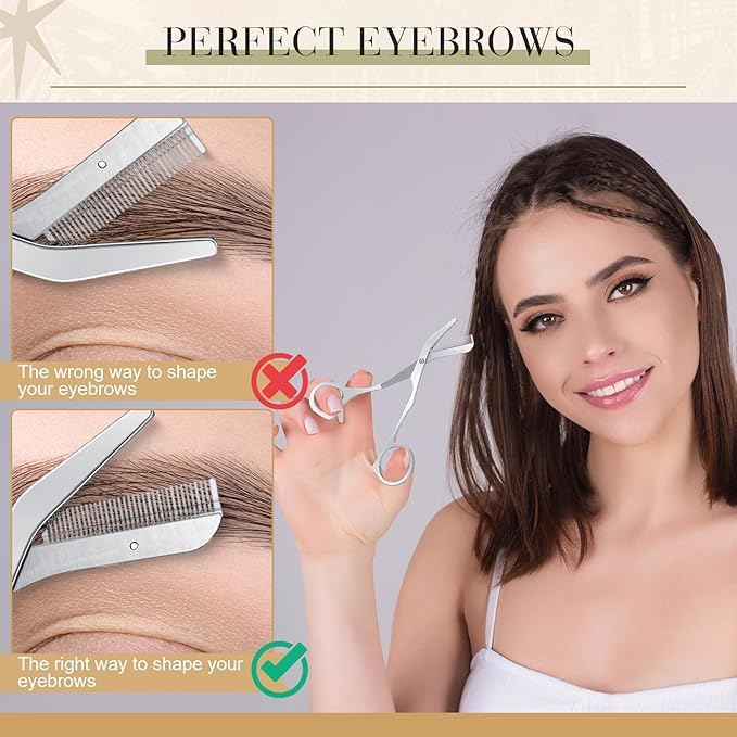 Stainless Steel Eyebrow Trimmer Set Eyebrow Grooming Scissors with Comb Dermaplane Facial Razor with 3 Blades Refills Face Grooming Razor for Women and Men