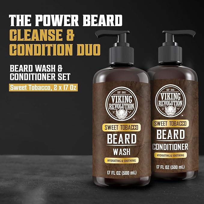 Viking Revolution Beard Wash and Beard Conditioner for Men with Argan Oil and Jojoba Oil - Beard Softener and Strengthener Beard Care Beard Shampoo and Conditioner with Beard Oil (17oz, Sweet Tobacco)