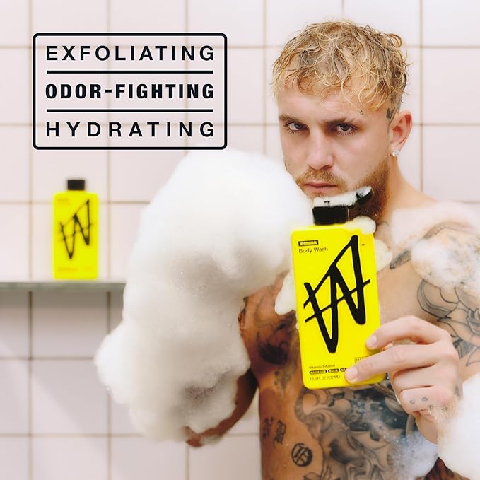 W By Jake Paul Body Wash for Men, Exfoliating Shower Gel with Jojoba Oil, Deep Clean Hydrating Mens Bodywash, Original Scent, 18 fl oz