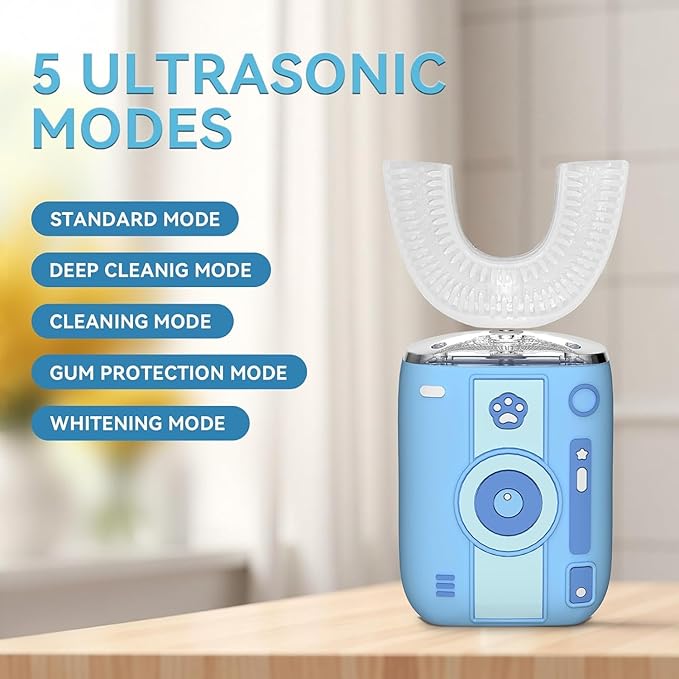 Adult Sonic Automatic Electric Toothbrush, 360° Oral Cleaning Stain Whitening, IPX7 Waterproof Rechargeable, u-Shape Brush Head*3+Straight Handle Brush Head*2 (Sky Blue)