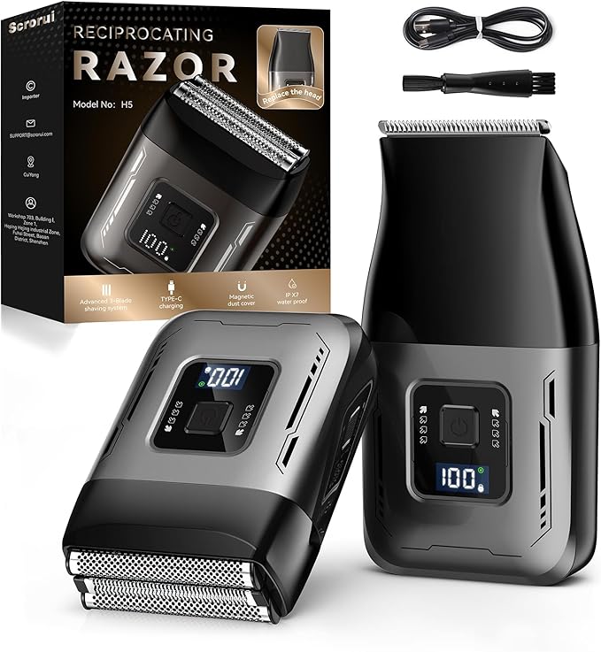Cordless Foil Shaver for Men: High-Speed 6000RPM, Dual Replacement Heads (Foil + Trimmer), USB-C Rechargeable, IPX7 Waterproof & Battery Display
