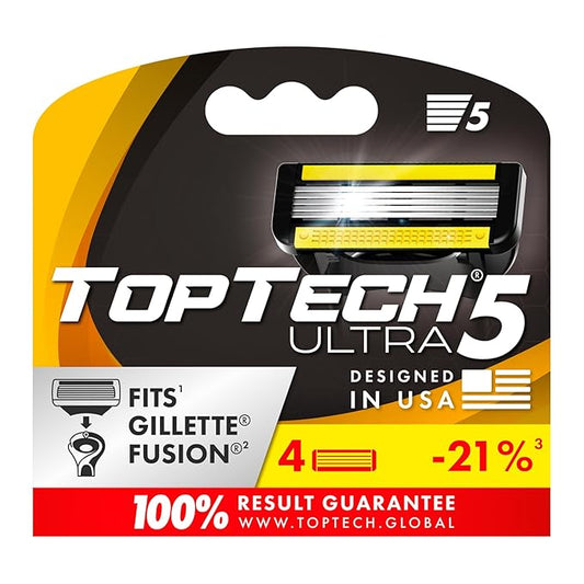 TopTech ULTRA 5 Razors for Men - Replaceable Cartridges for Manual Shaving Razor - 5 Blades Technology Refills - 4 Count Pack - Fits Gillette Fusion - Sharp & Soft Shave