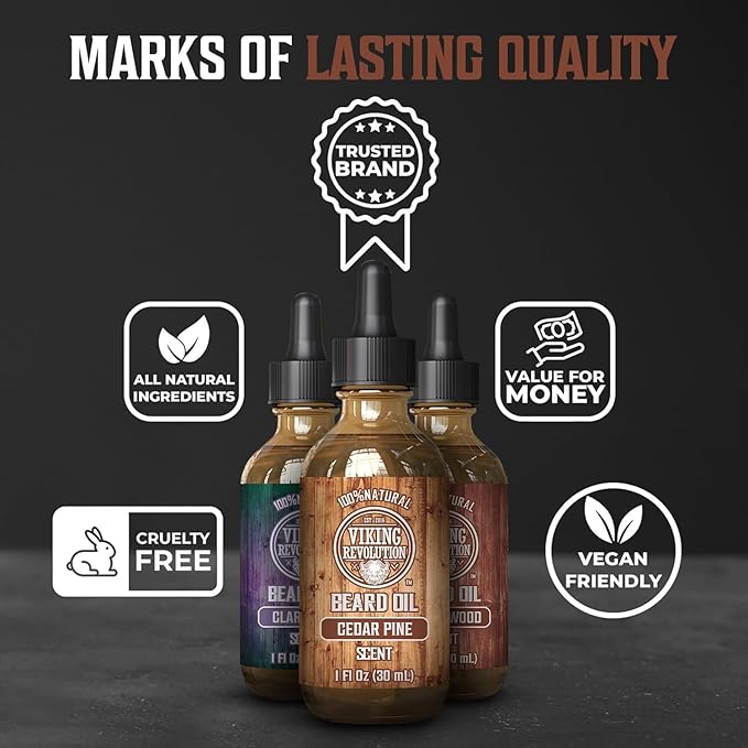 Viking Revolution Beard Oil for Men 3 Pack - Natural Mens Beard Oil Variety Set - Sandalwood, Pine and Cedar, Clary Sage Scents - Beard Conditioning and Moisturizing for a Healthy Beard (3 Pack, 1oz)