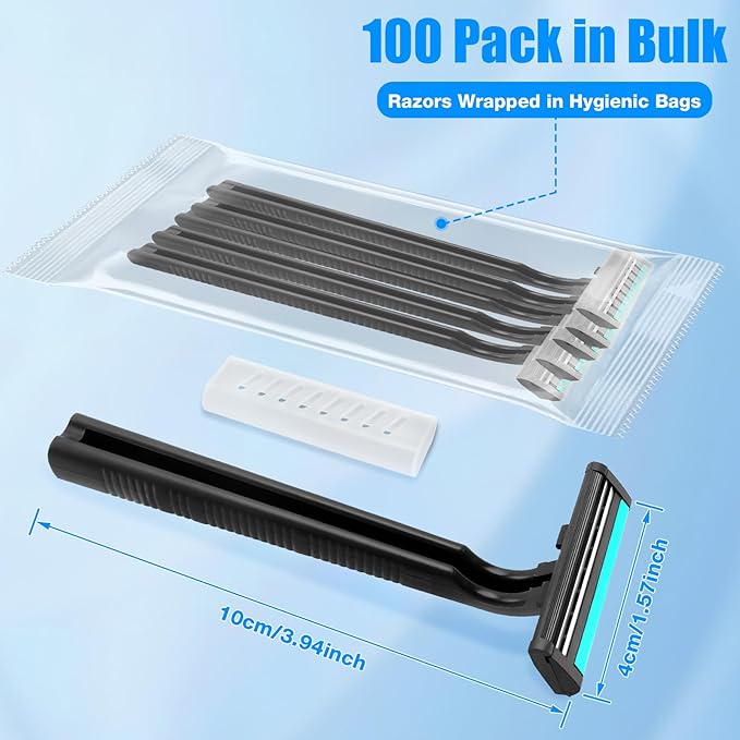 Disposable Razors Bulk for Men 100 Pack, Homeless Supplies Bulk, Twin Blade Mens Safety Travel Supply Shaving Razor, Face Beard Body Shavers for Hotel Camping Bathing (Black)