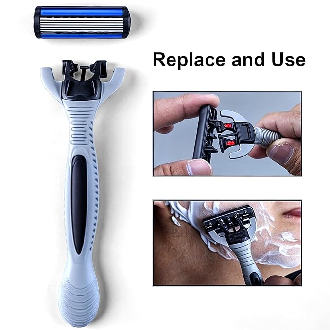 24 Stainless Steel 6 Blade Shaving Razor for Men Beard Mustache- Replaceable Cartridges Blades+ 2 Non-slip Handles- Disposable Reusable Manual Safety Razor Blade