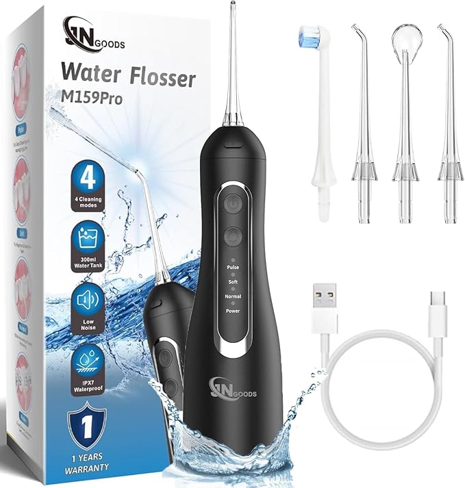 Cordless Water Dental Flosser Oral irrigator,JNGOODS 300ml Rechargeable Water flosser for Teeth IPX7 Waterproof 4 Modes Portable Oral Irrigator with 4 Jet Tips, Travel Home use