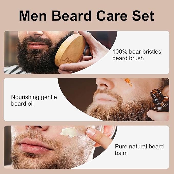 JVR Beard Grooming Kit for Men, Beard Care Kit Includes Oil and Balm,100% Boar Brush Vegan Just for Men Mustache, Perfect Gifts for Him Man Dad Boyfriend