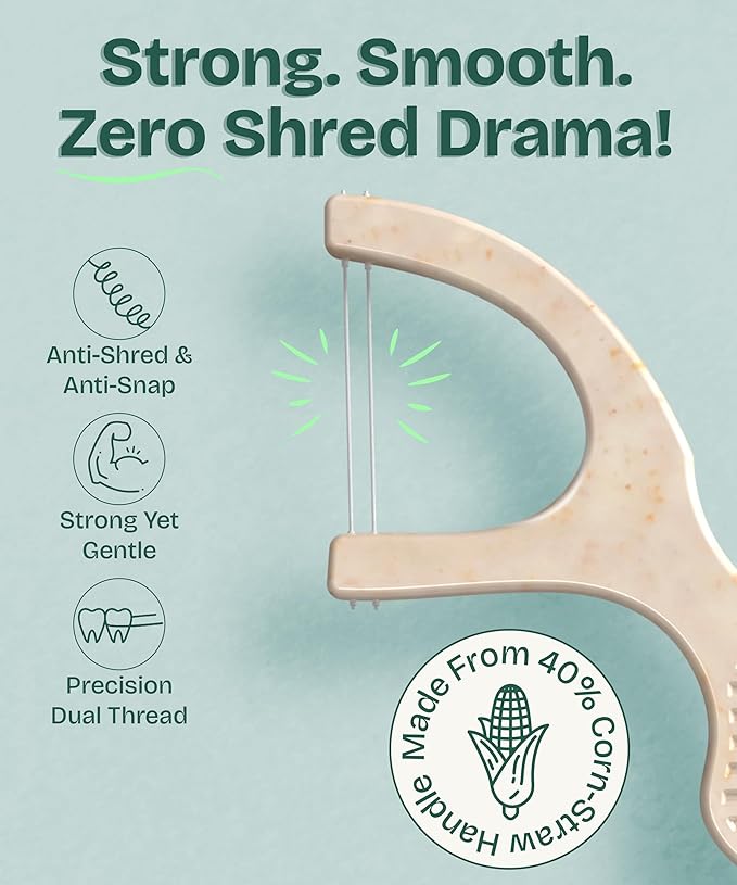 Dental Floss Picks for Teeth (200ct) - Double Thread Tooth Picks Flossers for Adults, Toothpicks Floss, Vegan Corn-Straw Handle, Shred-Resistant String, Interdental Oral Care & Gum Health, Unflavored