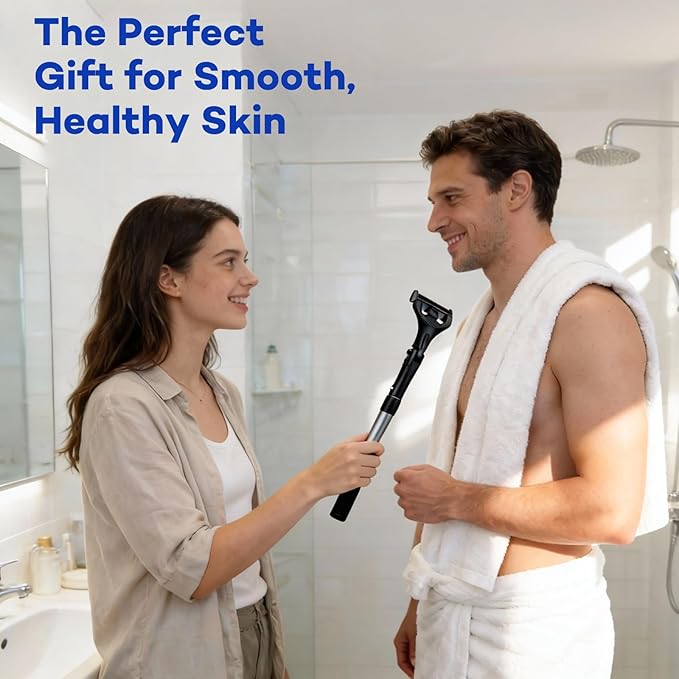 Retractable Back Shaver for Men: 180° Foldable Head Hair Shaver,Double Sharp Blades & Ergonomic Handle, Wet or Dry Back & Body Hair Removal,Silver(3PCS Blades Included)