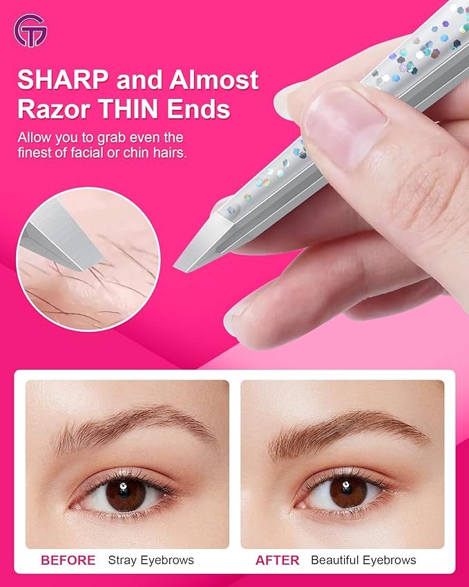 Expert Eyebrow Hair Removal Tweezer with Leather Case, GlamTweeler High Precision Slant Tip Stainless Steel Tweezers for Men and Women (Glitter Silver)