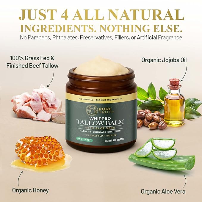 Whipped Tallow and Honey Balm (Unscented), Beef Tallow for Skin Care, Grass Fed + Finished Tallow Moisturizer Cream for Face & Body w/Organic Honey, Aloe Vera, Jojoba Oil, Men Women 3.25oz
