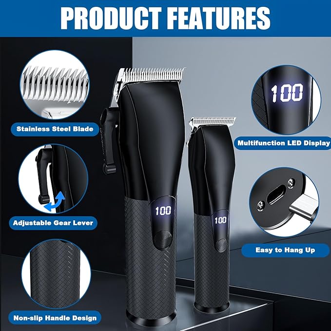 Professional Hair Clippers for Men, Mens Barber Clippers and Trimmers Set, T-Blade Beard HairTrimmer with LED Display, Black