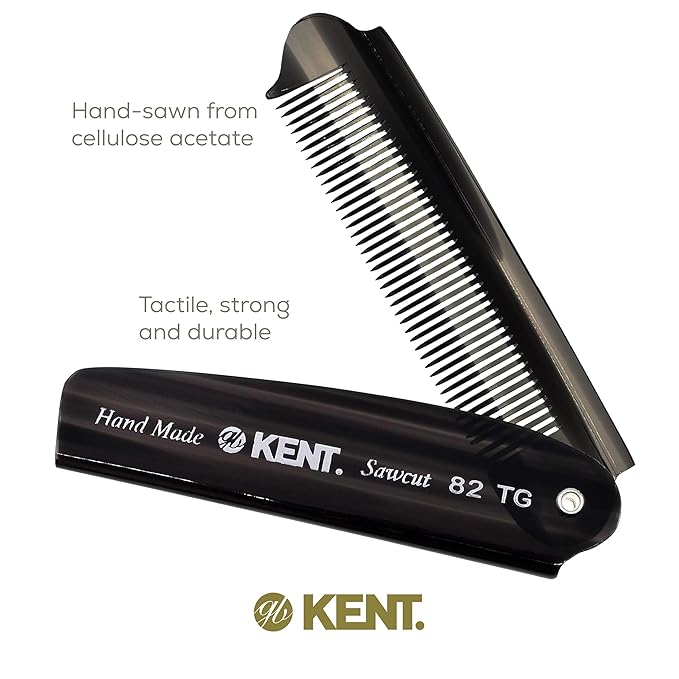 Kent 82T Black Graphite Folding Pocket Comb for Men, Fine Tooth Hair Comb Straightener for Everyday Grooming, Beard or Mustache, Use Dry or with Balms, Saw Cut Hand Polished, Made in England